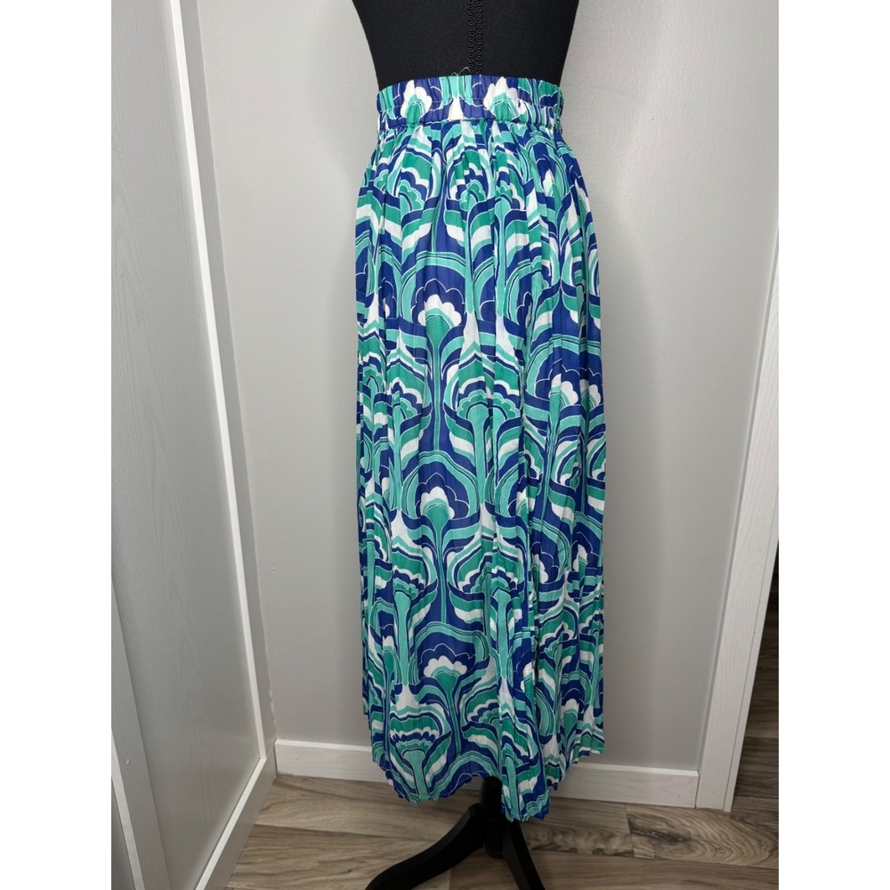 Her Destiny Swirl Print Midi Skirt S Teal Blue White Elastic Waist Lined Boho